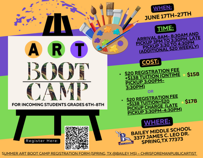 LIMITED SPOTS & OFFER (DISCOUNTED FEE BY BOOKING FULL SESSION): Summer Art Boot Camp Week 1-2 (JUNE 17, 2024-JUNE 27,2024) ON TIME PICKUP 3:00PM-3:30PM