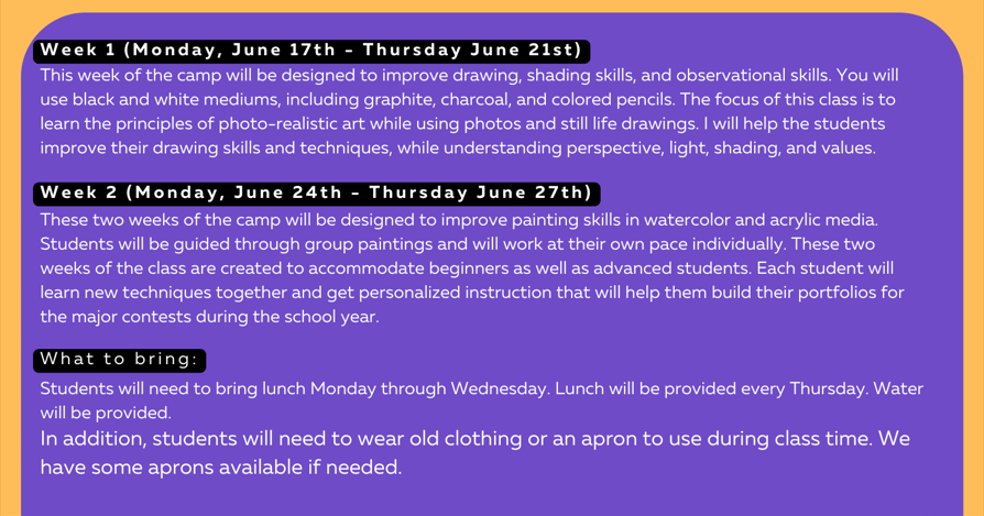 LIMITED SPOTS & OFFER (DISCOUNTED FEE BY BOOKING FULL SESSION): Summer Art Boot Camp Week 1-2 (JUNE 17, 2024-JUNE 27,2024) LATE PICKUP 3:30PM-4:30PM